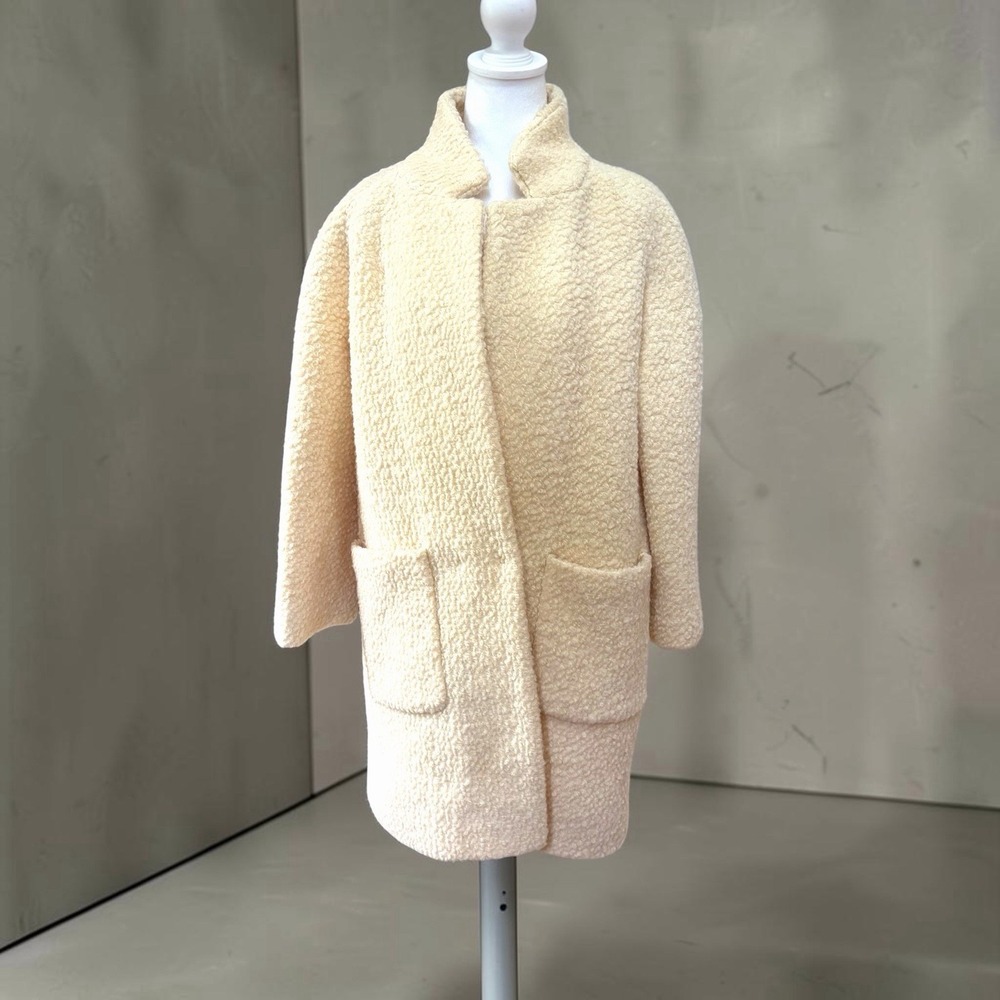 GANNI Wool Blend Boucle Teddy Coat Cream Ivory Oversized Size M